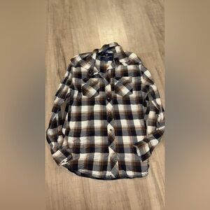 American Eagle Outfitters Navy, Brown & White Plaid Button-Down Shirt